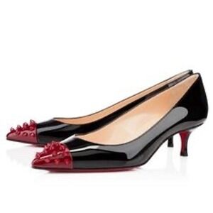 Christian Louboutin Black Patent Red Spiked Pointed Toe Kitten Heels Size 37